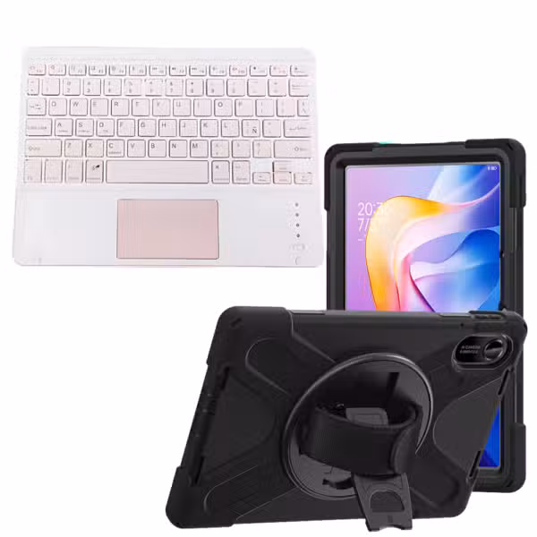 Kit estuche Anti-Shock 3 capas 360° para Xiaomi Redmi Pad 2 con teclado Touchpad, sin mouse separado, variante color Rosa, vista completa sobre fondo blanco.