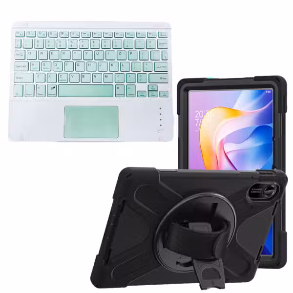 Kit estuche Anti-Shock 3 capas 360° para Xiaomi Redmi Pad 2 con teclado Touchpad, sin mouse separado, variante color Verde, vista completa sobre fondo blanco.