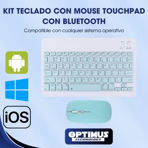 Teclado Bluetooth y mouse universal, compatibilidad ilustrada con Android, Windows e iOS.