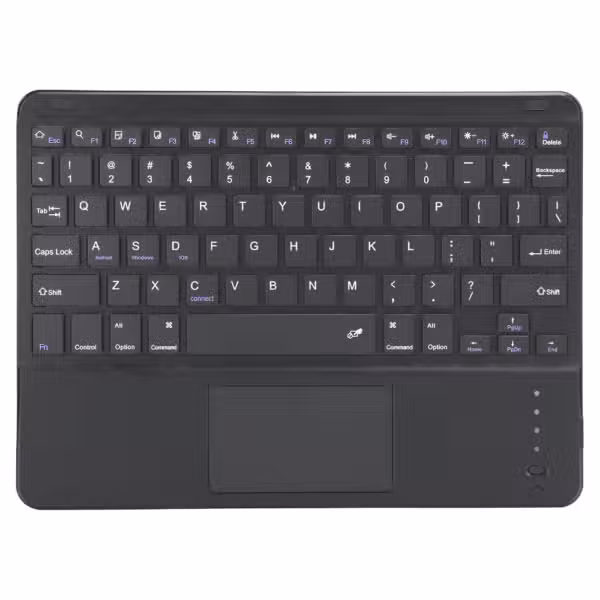 Teclado Bluetooth negro con Touchpad integrado, fotografía individual del accesorio incluido en el kit Redmi Pad 2.