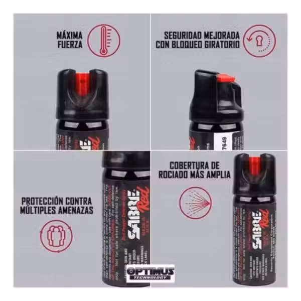Lámina ilustrativa del gas pimienta SABRE RED de 45 g y su mecanismo de seguridad.