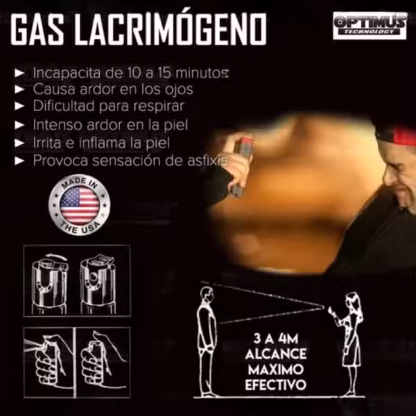 Lámina informativa del spray SABRE RED con ilustración de uso y alcance indicado.