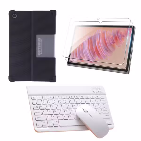 Combo Lenovo Tab Plus TB351FU con estuche de goma, vidrio templado, teclado y mouse color Blanco.