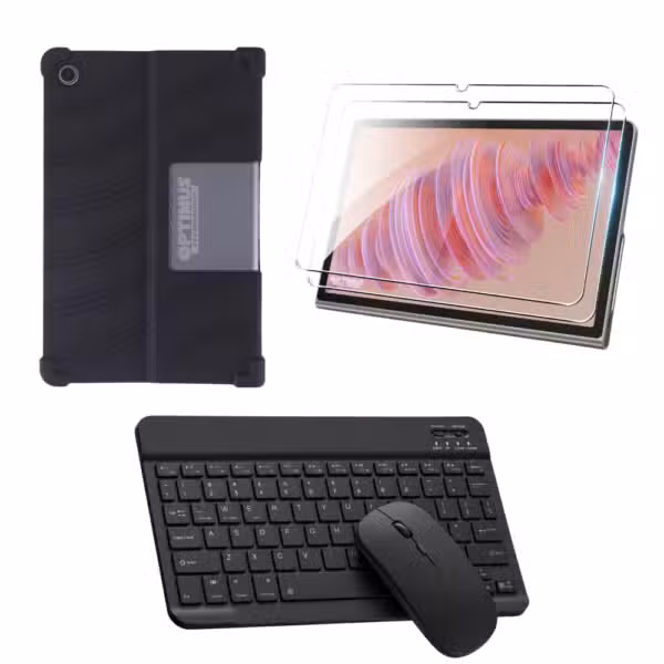 Combo Lenovo Tab Plus TB351FU con estuche de goma, vidrio templado, teclado y mouse color Negro.