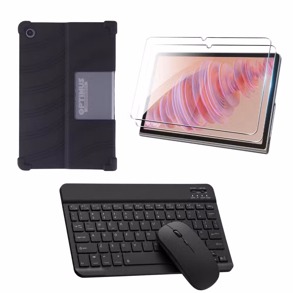 Combo Lenovo Tab Plus TB351FU con estuche de goma, vidrio templado, teclado y mouse color Negro.