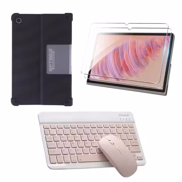 Combo Lenovo Tab Plus TB351FU con estuche de goma, vidrio templado, teclado y mouse color Rose Gold.