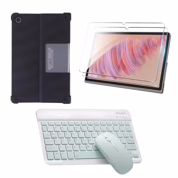 Combo Lenovo Tab Plus TB351FU con estuche de goma, vidrio templado, teclado y mouse color VERDE MENTA.