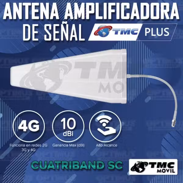 Antena amplificadora de señal Cuatribanda TMC Plus 4G LTE 65 dB con cable RG-6 de 10 m.