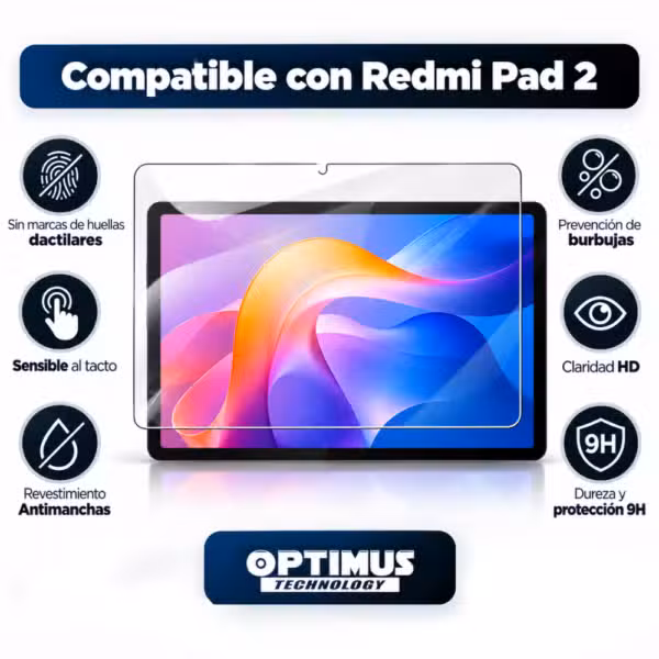 Características del vidrio templado para Redmi Pad 2: sensibilidad táctil, claridad HD, acabado antimanchas y dureza 9H.
